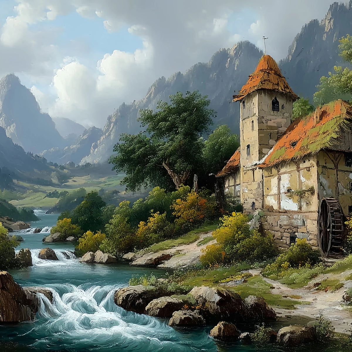 Original Oil Paintings For Sale: Rustic Watermill Landscape - Oil Painting Haven