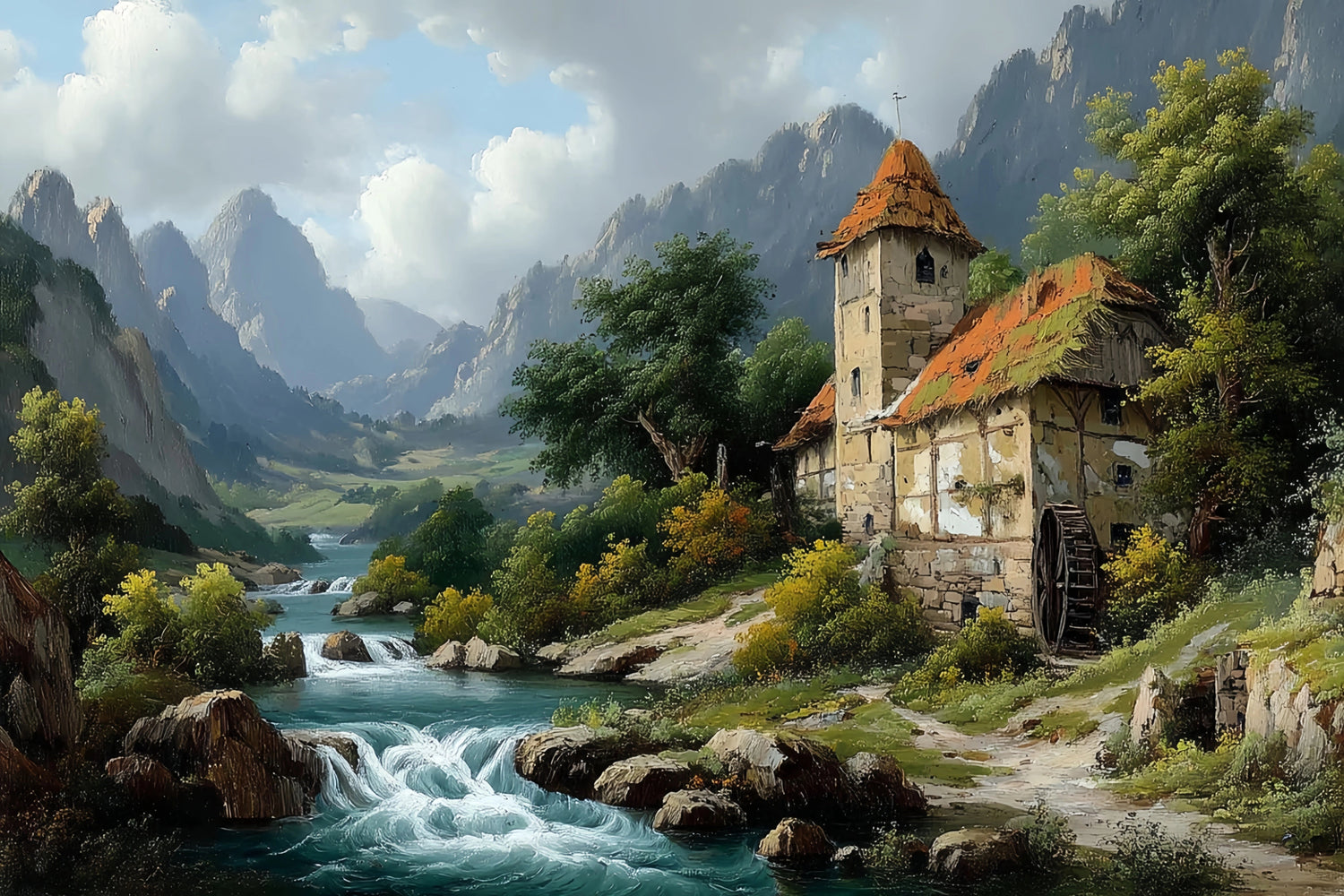 Original Oil Paintings For Sale: Rustic Watermill Landscape - Oil Painting Haven