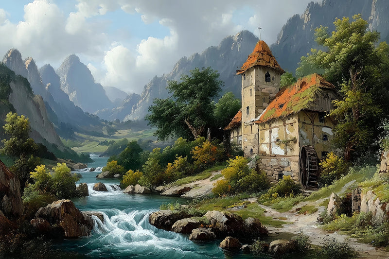 Original Oil Paintings For Sale: Rustic Watermill Landscape - Oil Painting Haven
