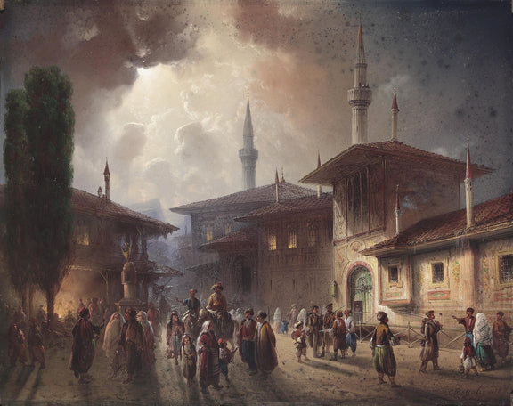 Ottoman Courtyard Scene with Minarets, Hand - Painted Oil Painting - Oil Painting Haven