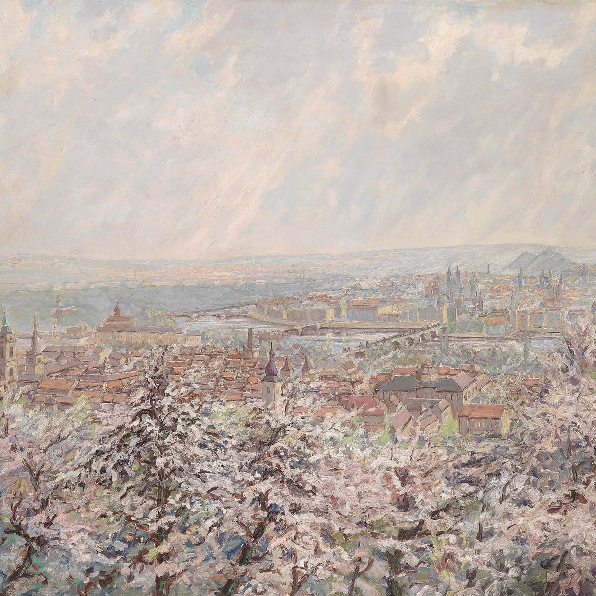 Panoramic Cityscape Landscape Oil Painting with Blooming Trees - Oil Painting Haven