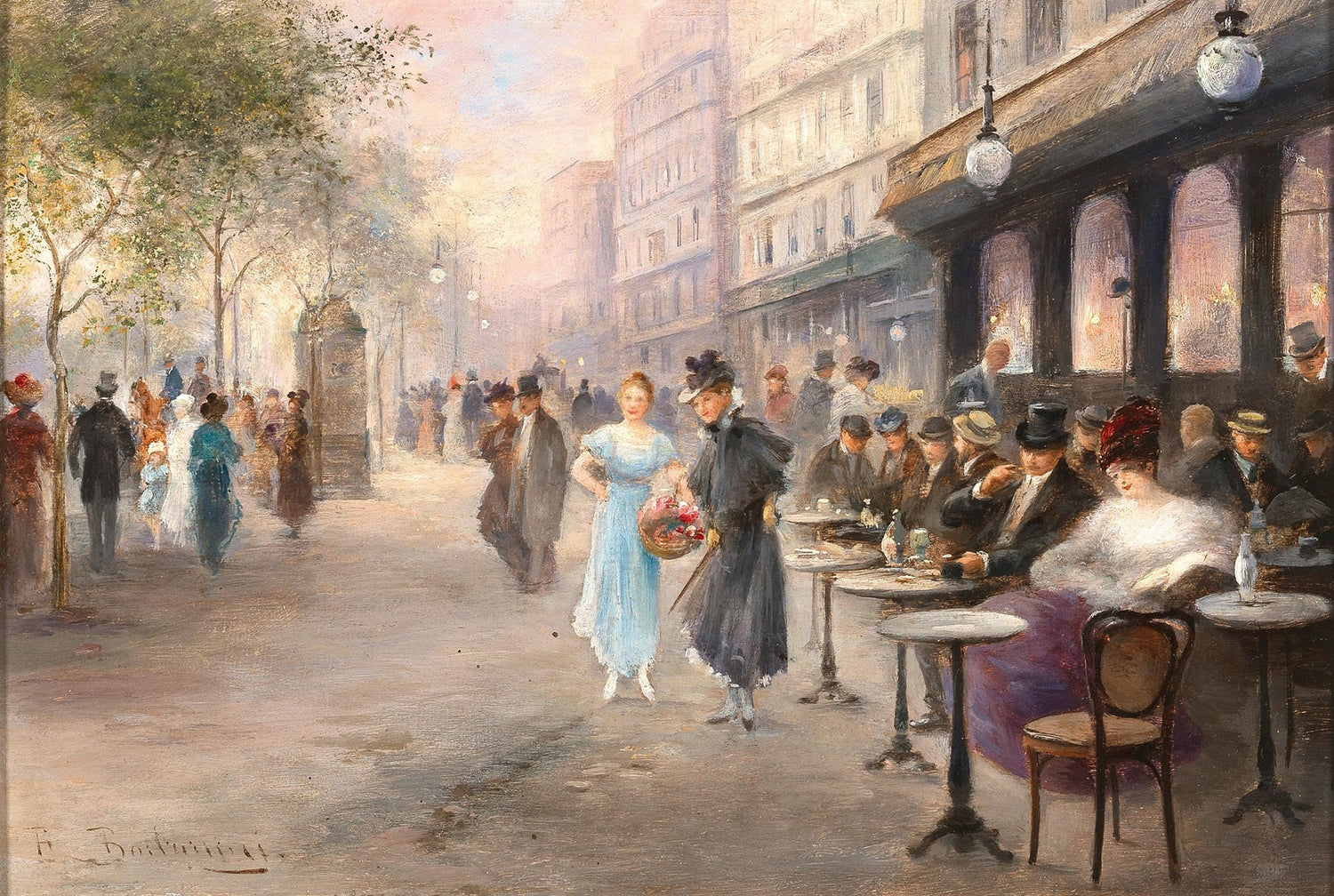 Paris Cafe Street Scene with Elegant Ladies - People Oil Painting - Oil Painting Haven