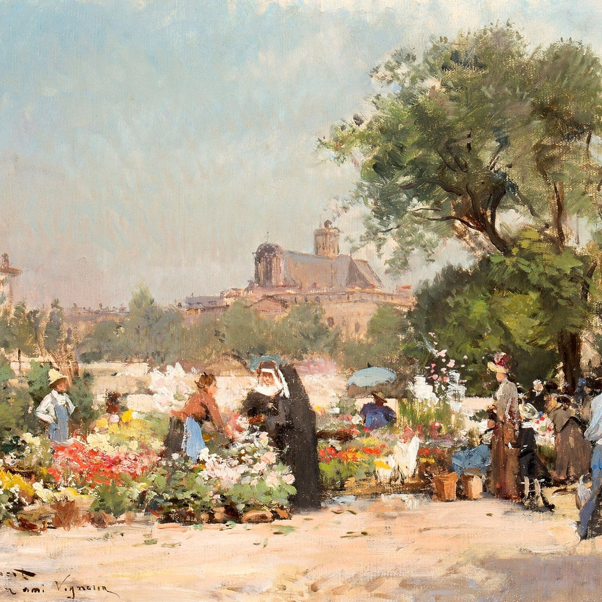Paris Flower Market with Strolling Figures - People Oil Painting - Oil Painting Haven