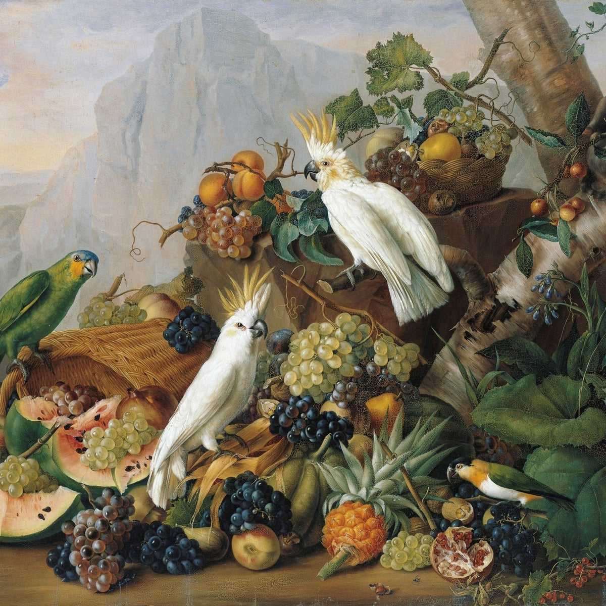 Parrots and Exotic Fruits Arrangement - Still Life Oil Painting - Oil Painting Haven