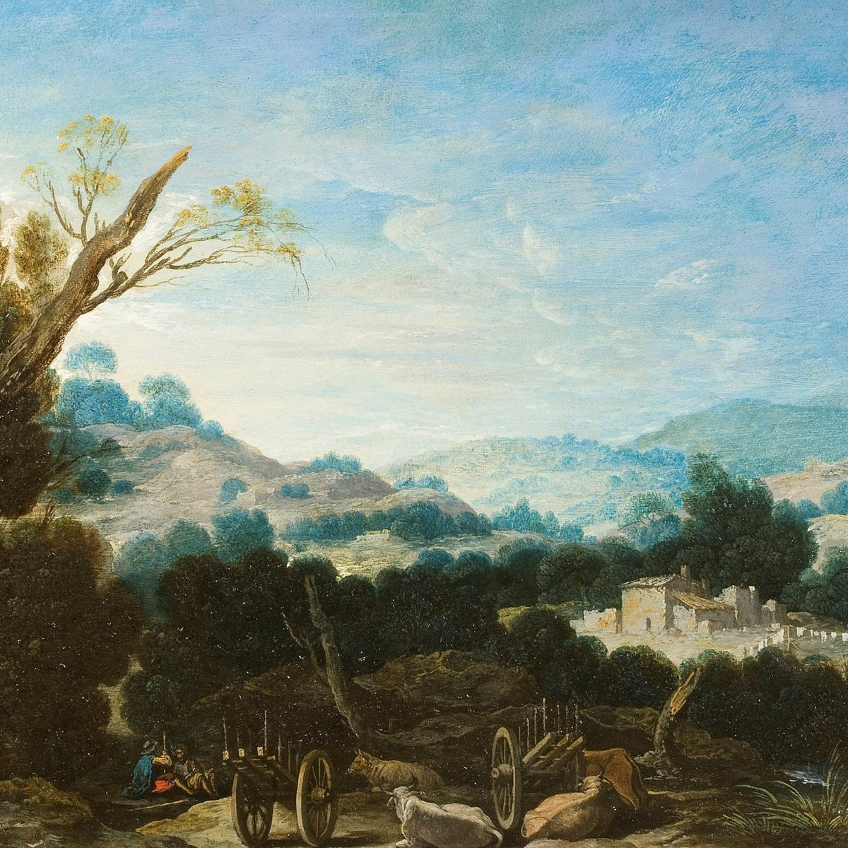 Hand-painted pastoral countryside, shepherds, hills landscape oil painting on canvas