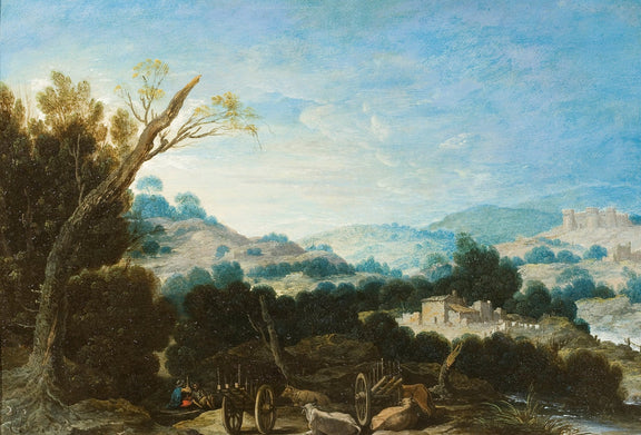 Hand-painted pastoral countryside, shepherds, hills landscape oil painting on canvas