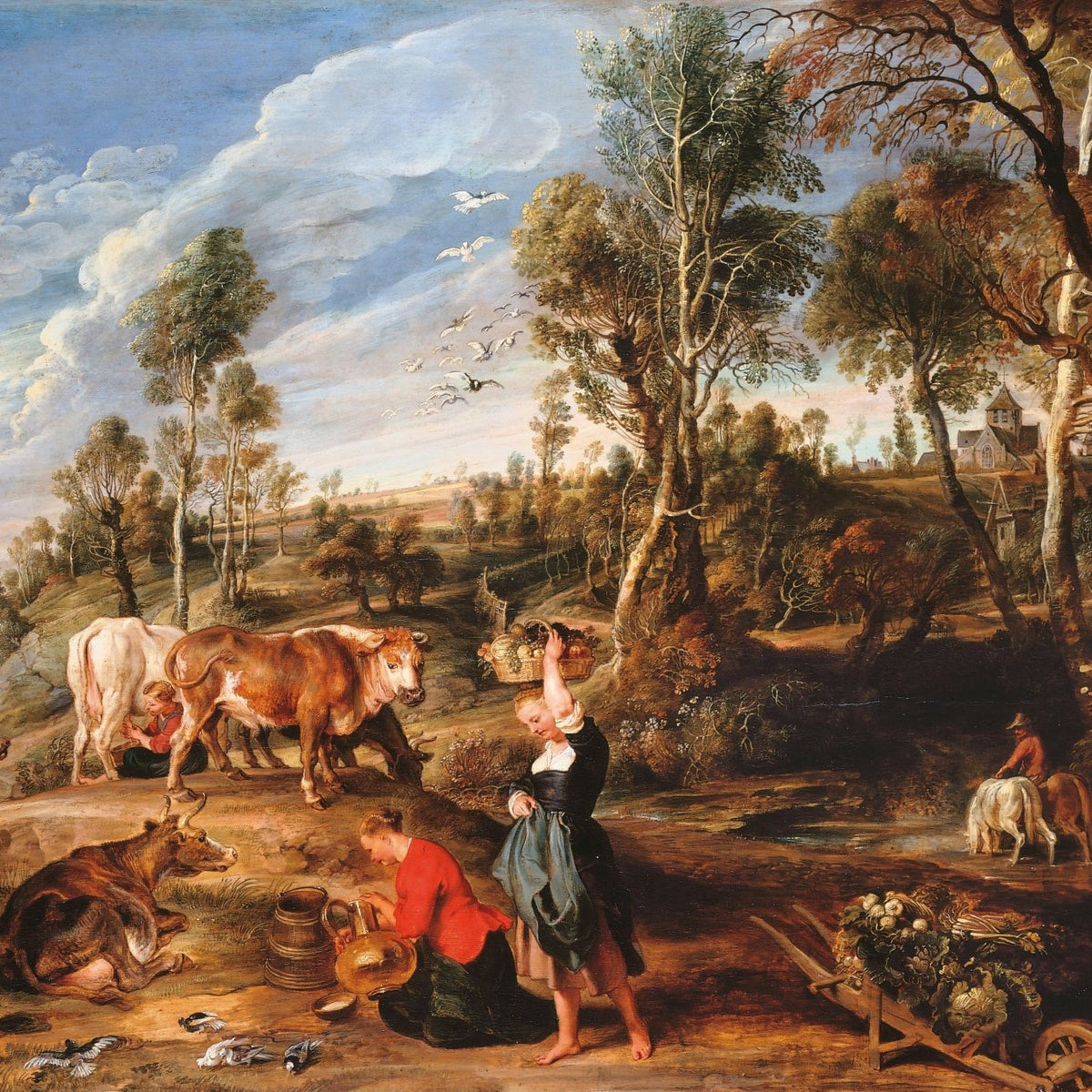 Pastoral Farm Scene with Cattle and Figures - People Oil Painting - Oil Painting Haven