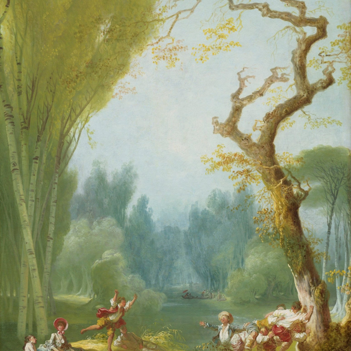 Hand-painted pastoral forest scene with children and river landscape oil painting on canvas