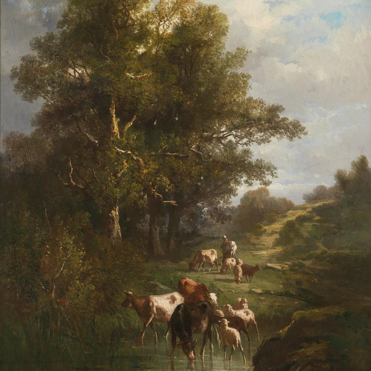 Pastoral Forest Stream with Cattle | Hand - Painted Landscape Oil Art - Oil Painting Haven