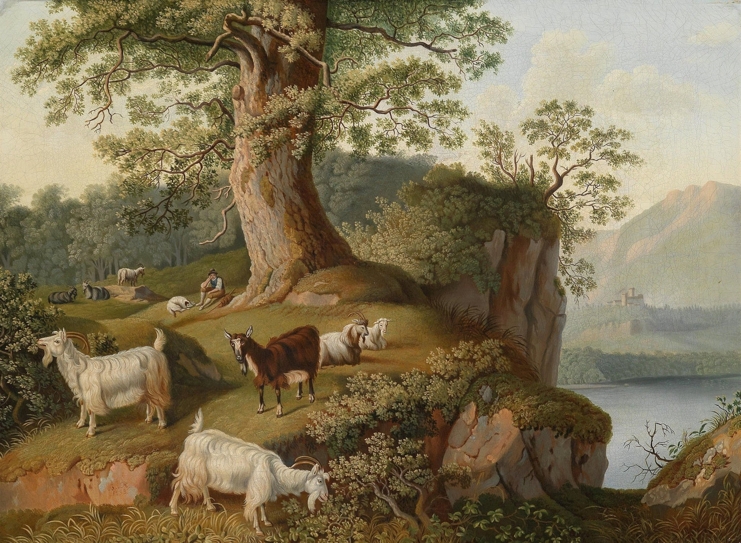 Pastoral Hillside with Goats and Shepherd – Landscape Oil Painting - Oil Painting Haven