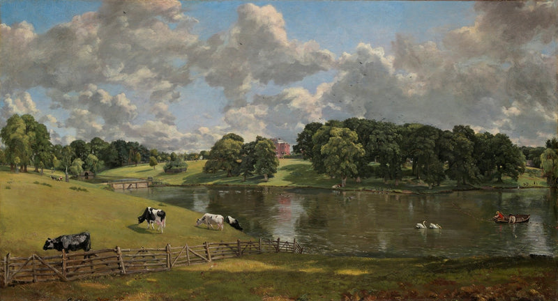 Hand-painted pastoral lake with cows and country estate landscape oil painting on canvas