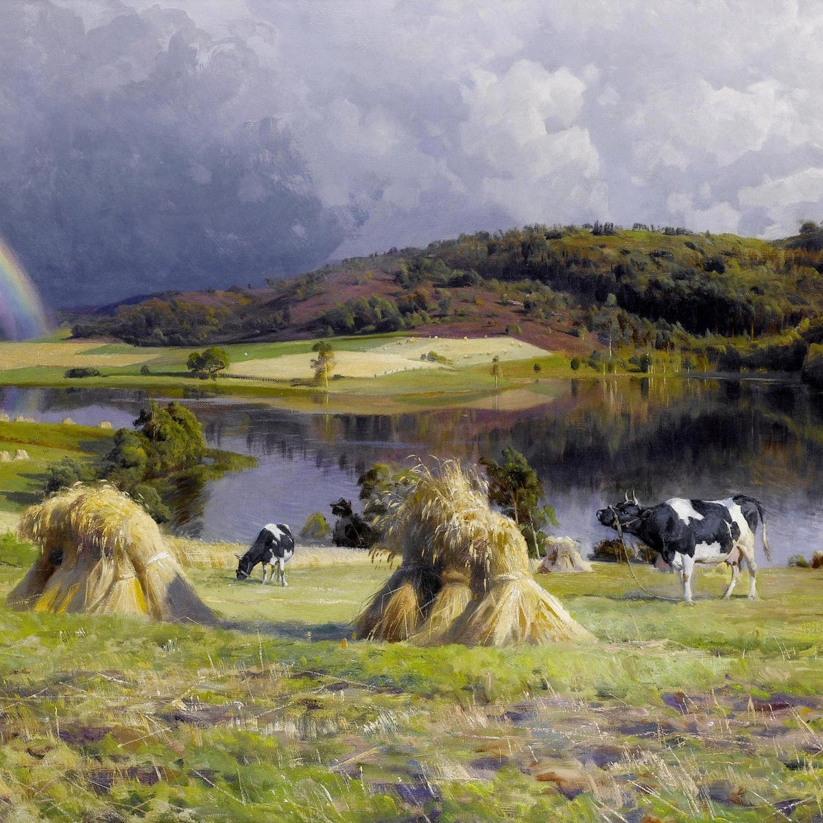 Pastoral Lakeside Meadow, Rainbow – Hand - Painted Landscape Oil Painting - Oil Painting Haven