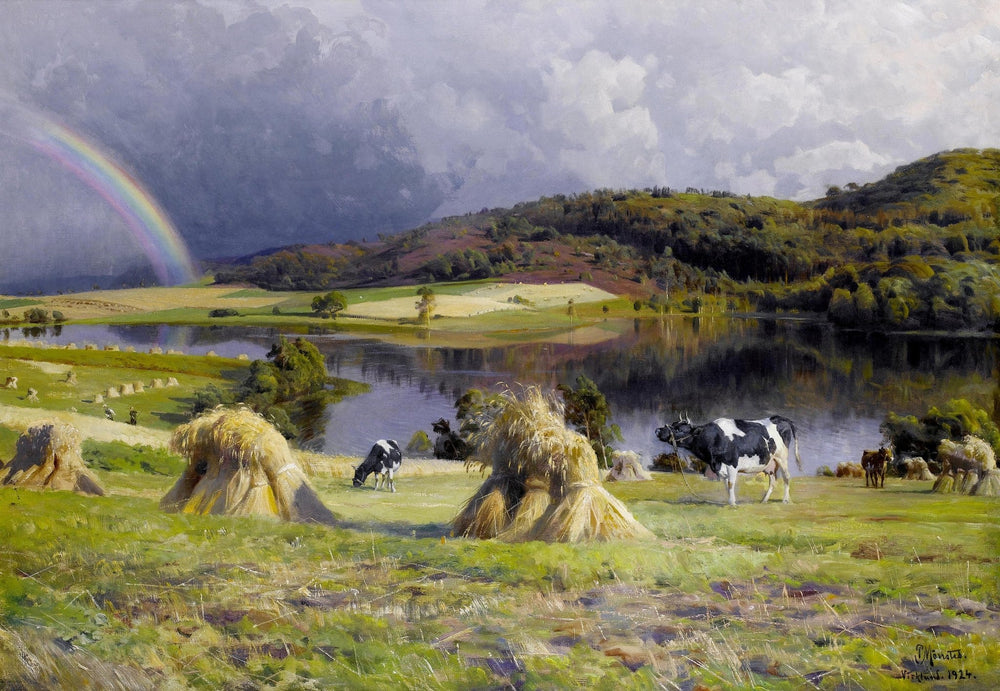 Peinture à l'huile de paysage - Prairie pastorale au bord du lac, Arc-en-ciel