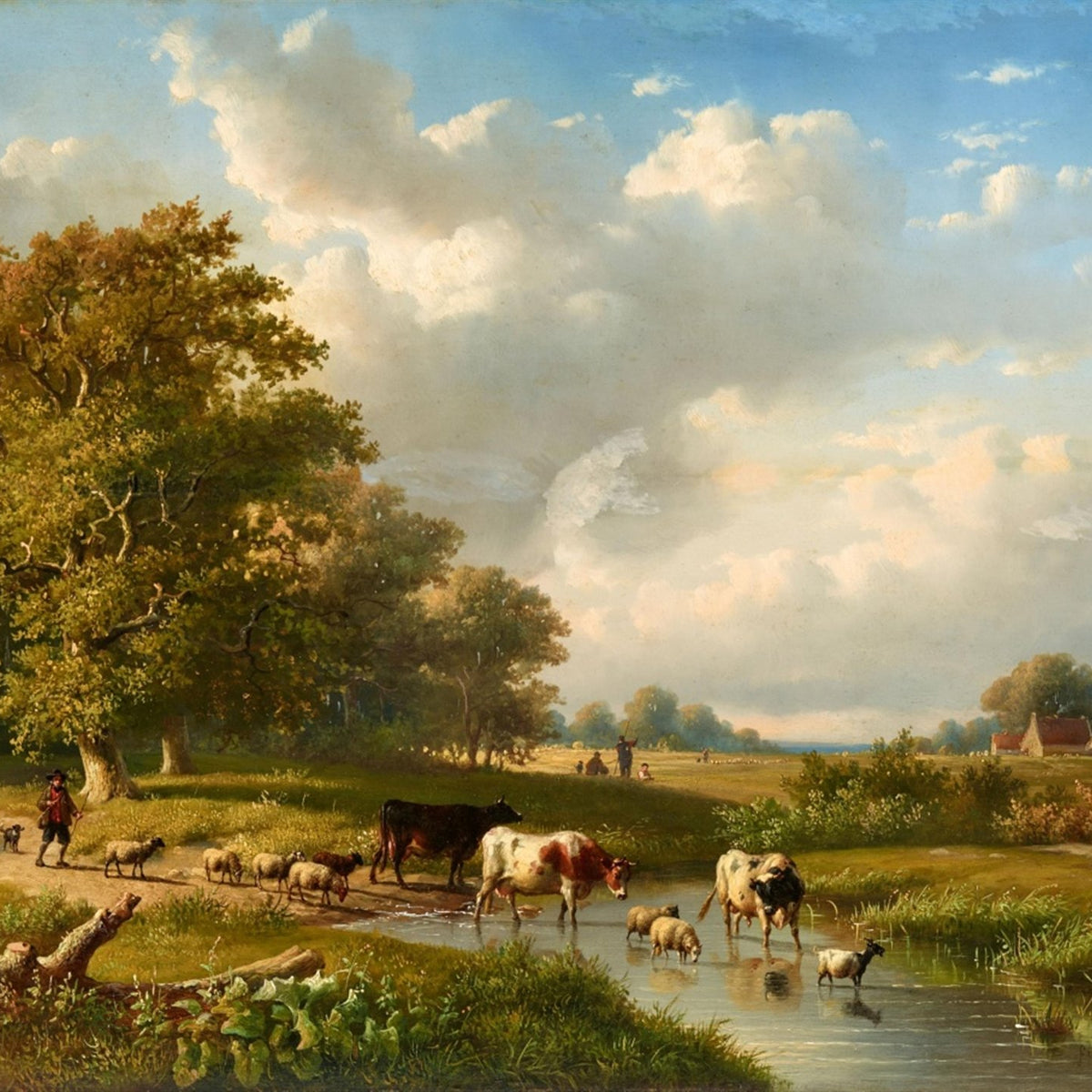 Hand-painted pastoral meadow with cattle and sheep landscape oil painting on canvas