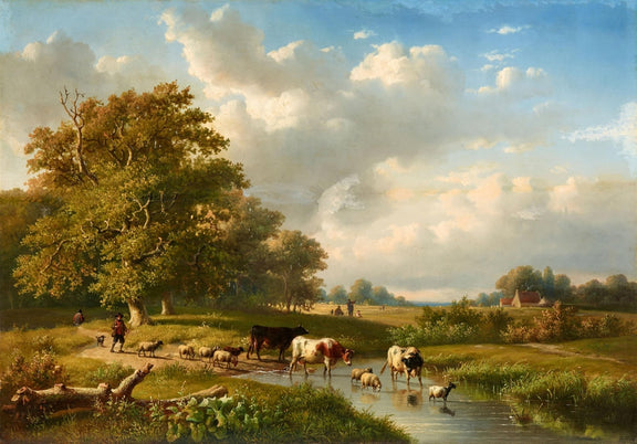 Hand-painted pastoral meadow with cattle and sheep landscape oil painting on canvas