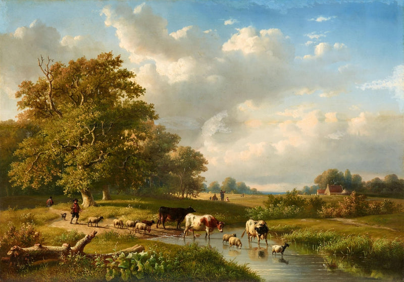 Hand-painted pastoral meadow with cattle and sheep landscape oil painting on canvas
