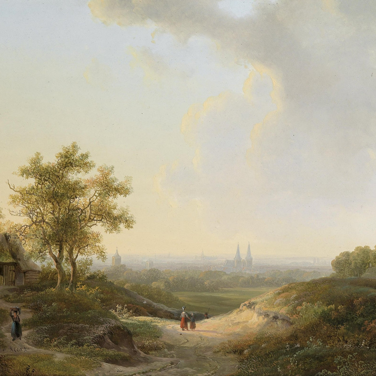 Pastoral Path with Distant City View – Landscape Oil Painting - Oil Painting Haven