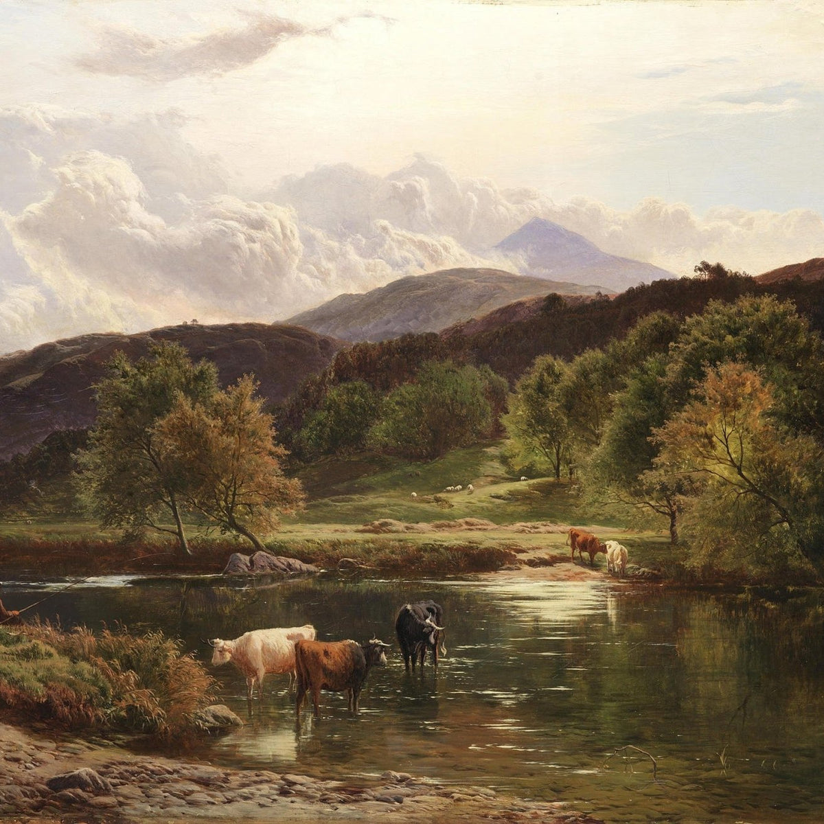 Pastoral River Landscape with Cattle, Hills – Landscape Oil Painting - Oil Painting Haven