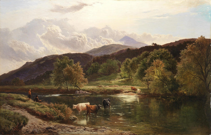 Pastoral River Landscape with Cattle, Hills – Landscape Oil Painting - Oil Painting Haven
