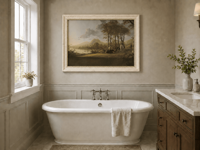 Framed hand-painted pastoral river valley oil painting with riders and grazing cattle displayed above a freestanding bathtub.