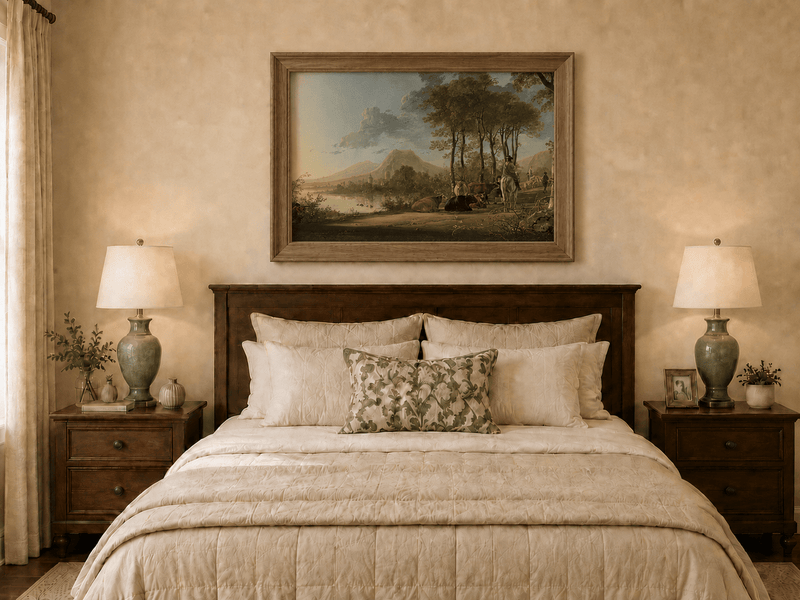 Framed hand-painted pastoral river valley oil painting with riders and grazing cattle displayed above a wooden bed in a neutral bedroom.