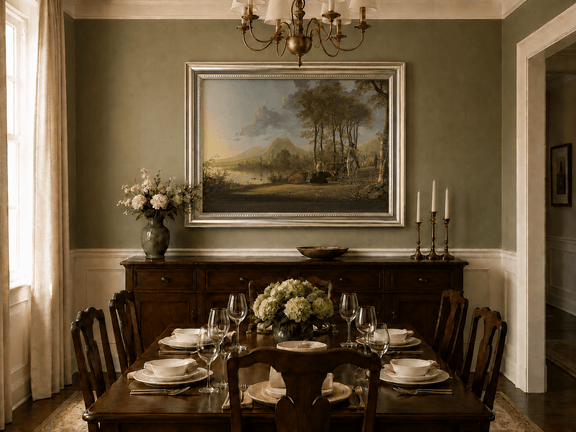 Framed hand-painted pastoral river valley oil painting with riders and grazing cattle displayed above a formal dining table.