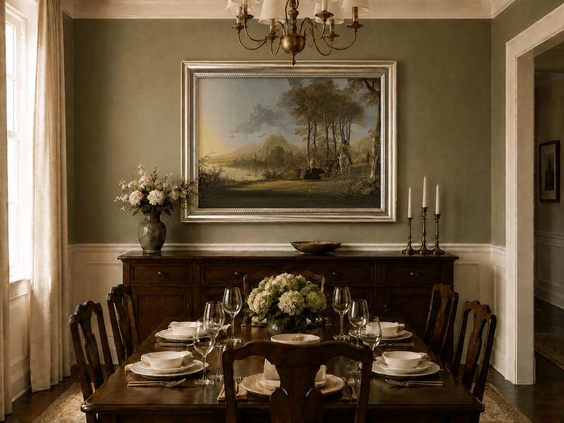 Framed hand-painted pastoral river valley oil painting with riders and grazing cattle displayed above a formal dining table.