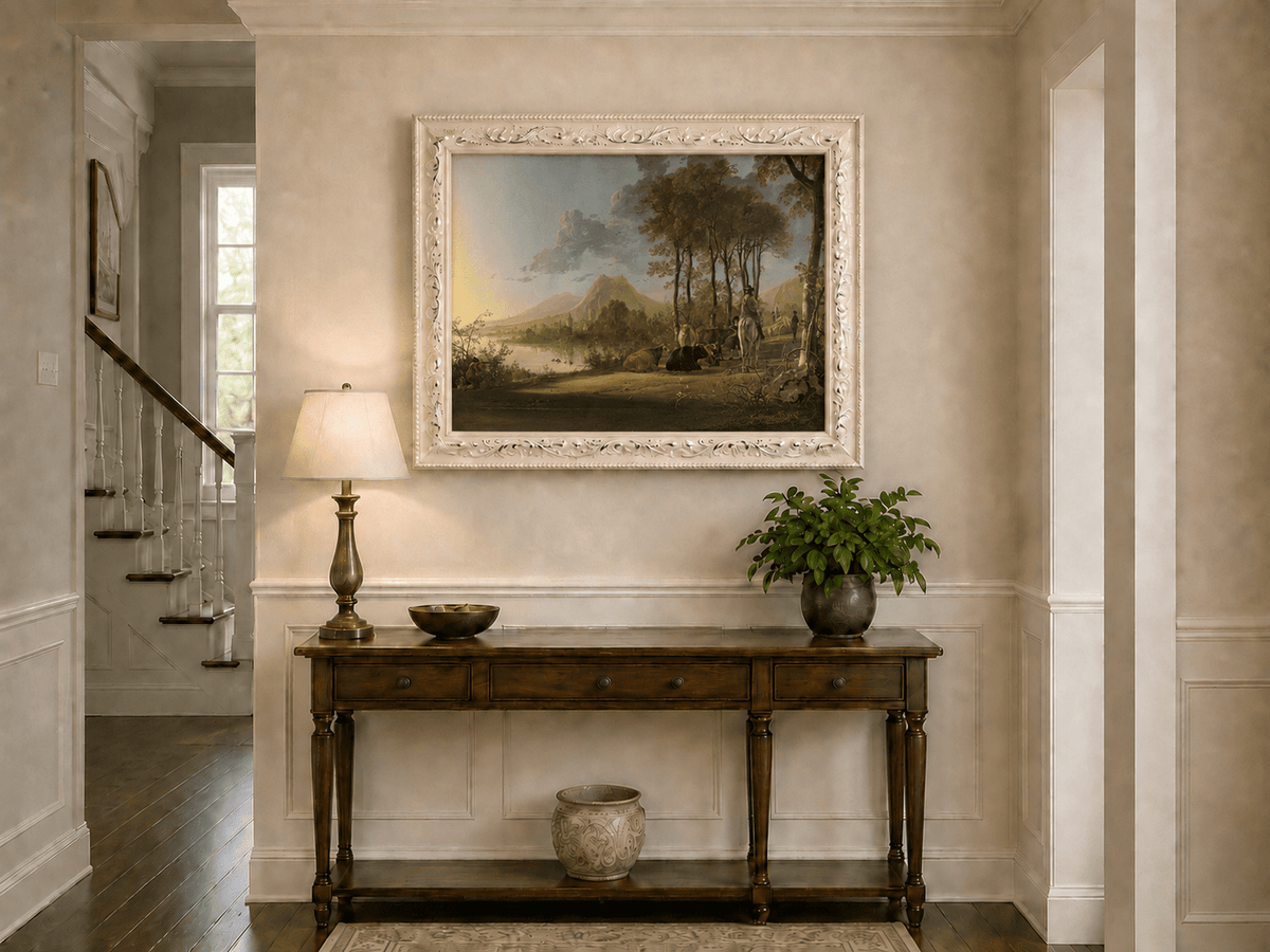 Framed hand-painted pastoral river valley oil painting with riders and grazing cattle displayed above an entryway console table.
