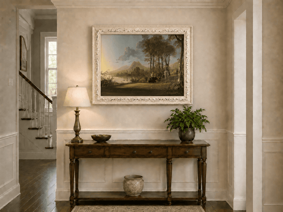 Framed hand-painted pastoral river valley oil painting with riders and grazing cattle displayed above an entryway console table.