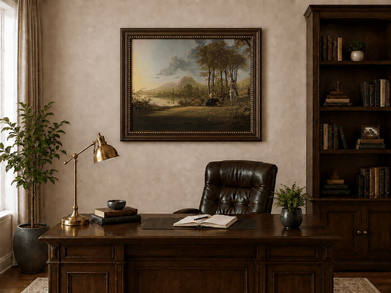 Framed hand-painted pastoral river valley oil painting with riders and grazing cattle displayed above a traditional home office desk.