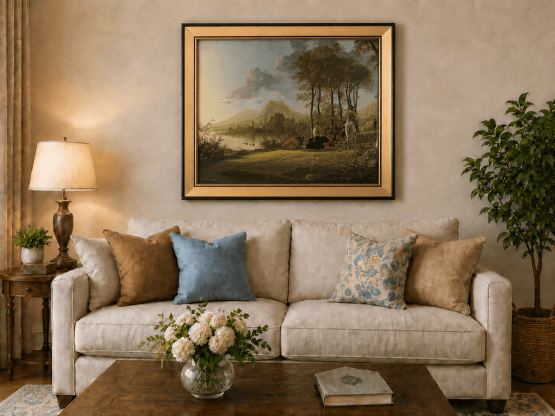 Framed hand-painted pastoral river valley oil painting with riders and grazing cattle displayed above a neutral living room sofa.
