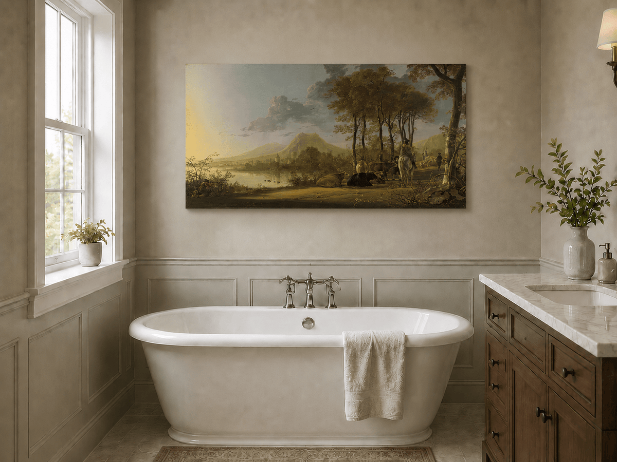 Unframed hand-painted pastoral river valley oil painting with riders and grazing cattle displayed above a freestanding bathtub.