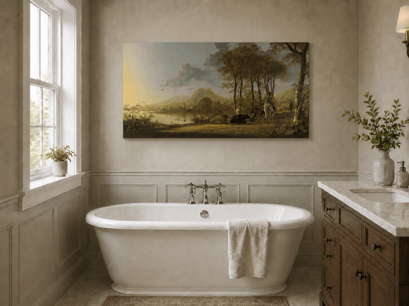 Unframed hand-painted pastoral river valley oil painting with riders and grazing cattle displayed above a freestanding bathtub.