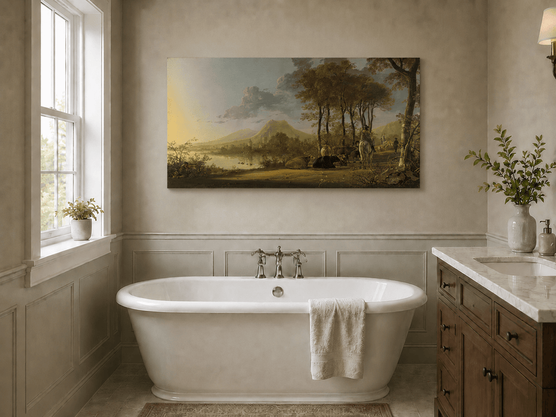 Unframed hand-painted pastoral river valley oil painting with riders and grazing cattle displayed above a freestanding bathtub.