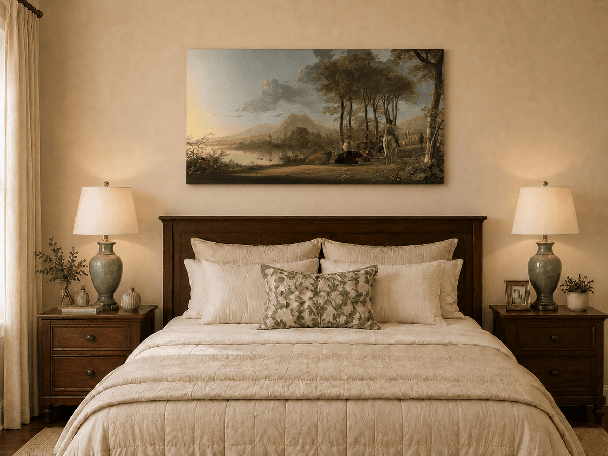 Unframed hand-painted pastoral river valley oil painting with riders and grazing cattle displayed above a wooden bed in a neutral bedroom.