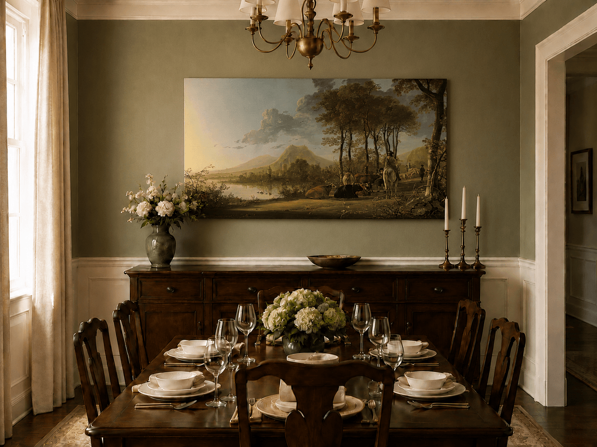 Unframed hand-painted pastoral river valley oil painting with riders and grazing cattle displayed above a formal dining table.