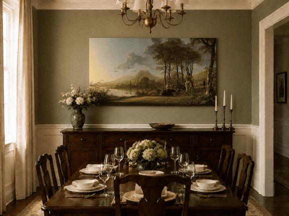 Unframed hand-painted pastoral river valley oil painting with riders and grazing cattle displayed above a formal dining table.