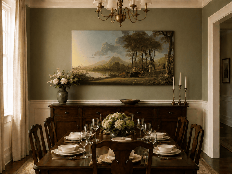 Unframed hand-painted pastoral river valley oil painting with riders and grazing cattle displayed above a formal dining table.