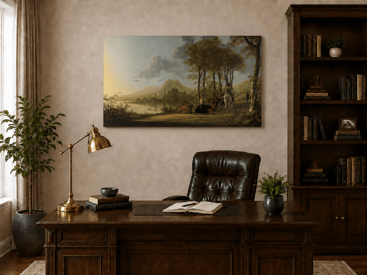 Unframed hand-painted pastoral river valley oil painting with riders and grazing cattle displayed above a traditional home office desk.