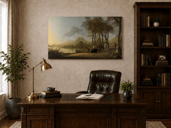 Unframed hand-painted pastoral river valley oil painting with riders and grazing cattle displayed above a traditional home office desk.