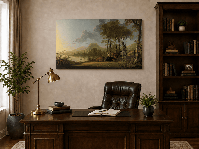 Unframed hand-painted pastoral river valley oil painting with riders and grazing cattle displayed above a traditional home office desk.