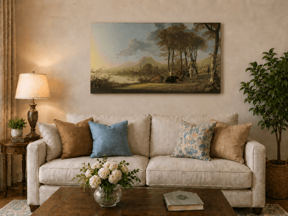 Unframed hand-painted pastoral river valley oil painting with riders and grazing cattle displayed above a neutral living room sofa.