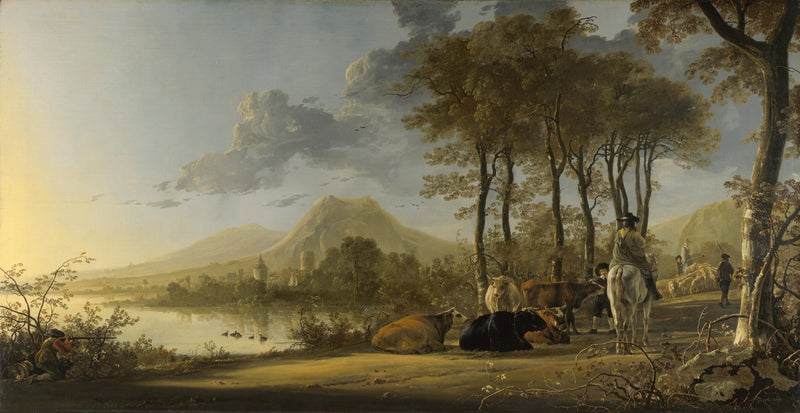 Hand-painted pastoral river valley with riders and cattle landscape oil painting on canvas