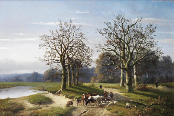 Pastoral Road with Trees and Livestock – Landscape Oil Painting - Oil Painting Haven