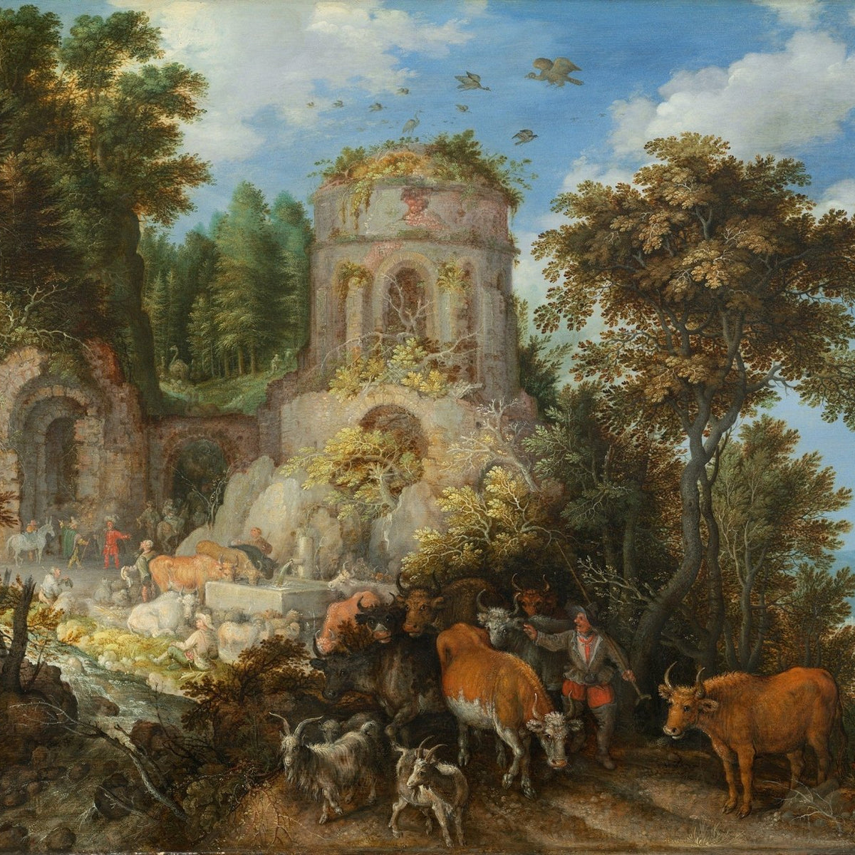 Hand-painted pastoral ruins with cattle and shepherds landscape oil painting on canvas