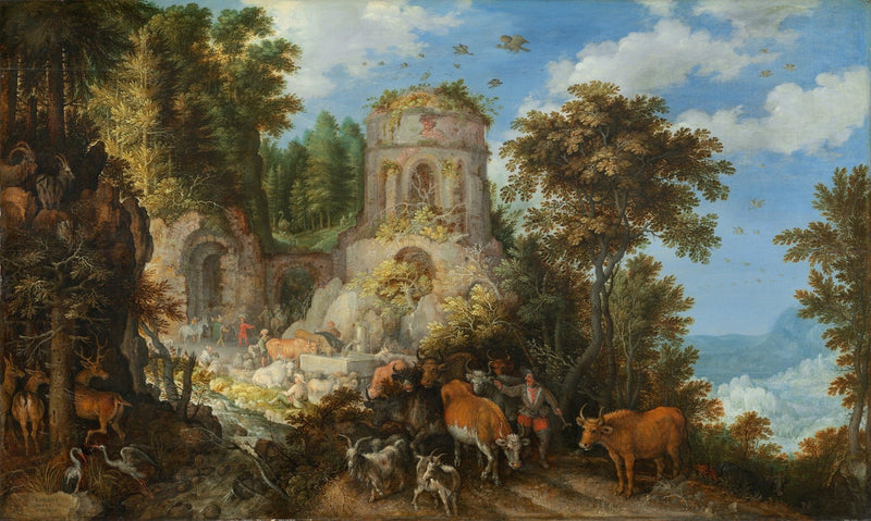 Hand-painted pastoral ruins with cattle and shepherds landscape oil painting on canvas