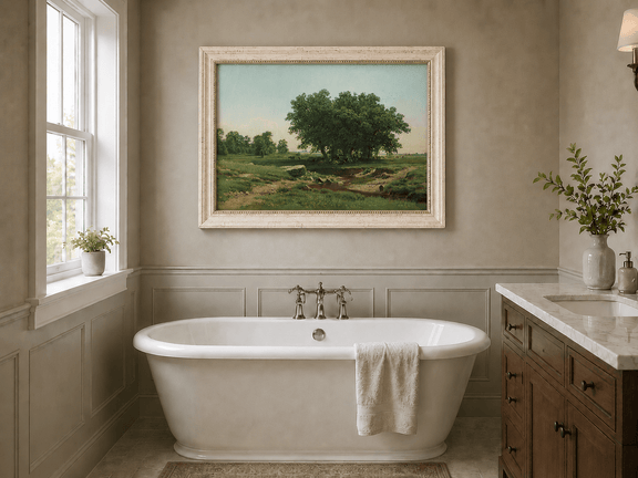 Framed hand-painted pastoral landscape oil painting with broad trees and a winding stream displayed above a freestanding bathtub.