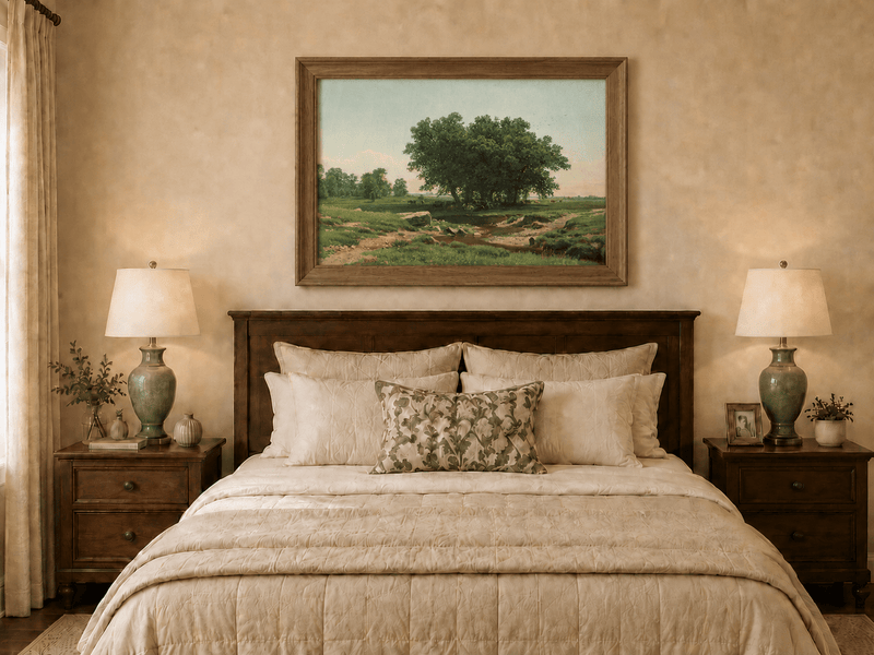 Framed hand-painted pastoral landscape oil painting with broad trees and a winding stream displayed above a wooden bed in a neutral bedroom.