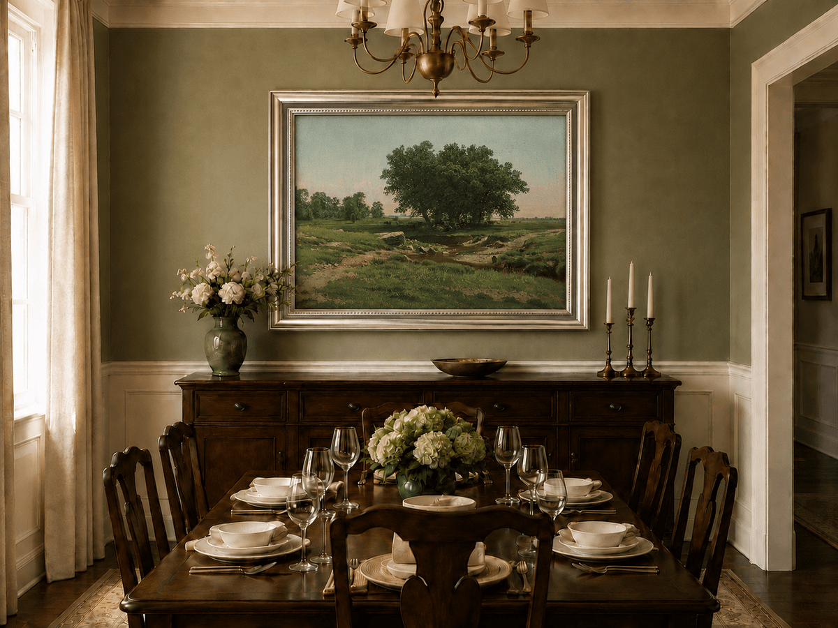 Framed hand-painted pastoral landscape oil painting with broad trees and a winding stream displayed above a formal dining table.
