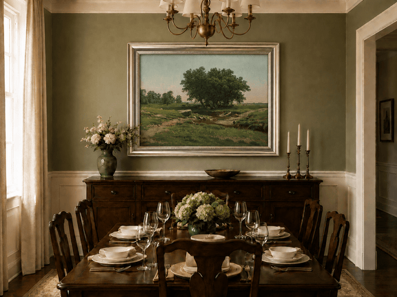 Framed hand-painted pastoral landscape oil painting with broad trees and a winding stream displayed above a formal dining table.